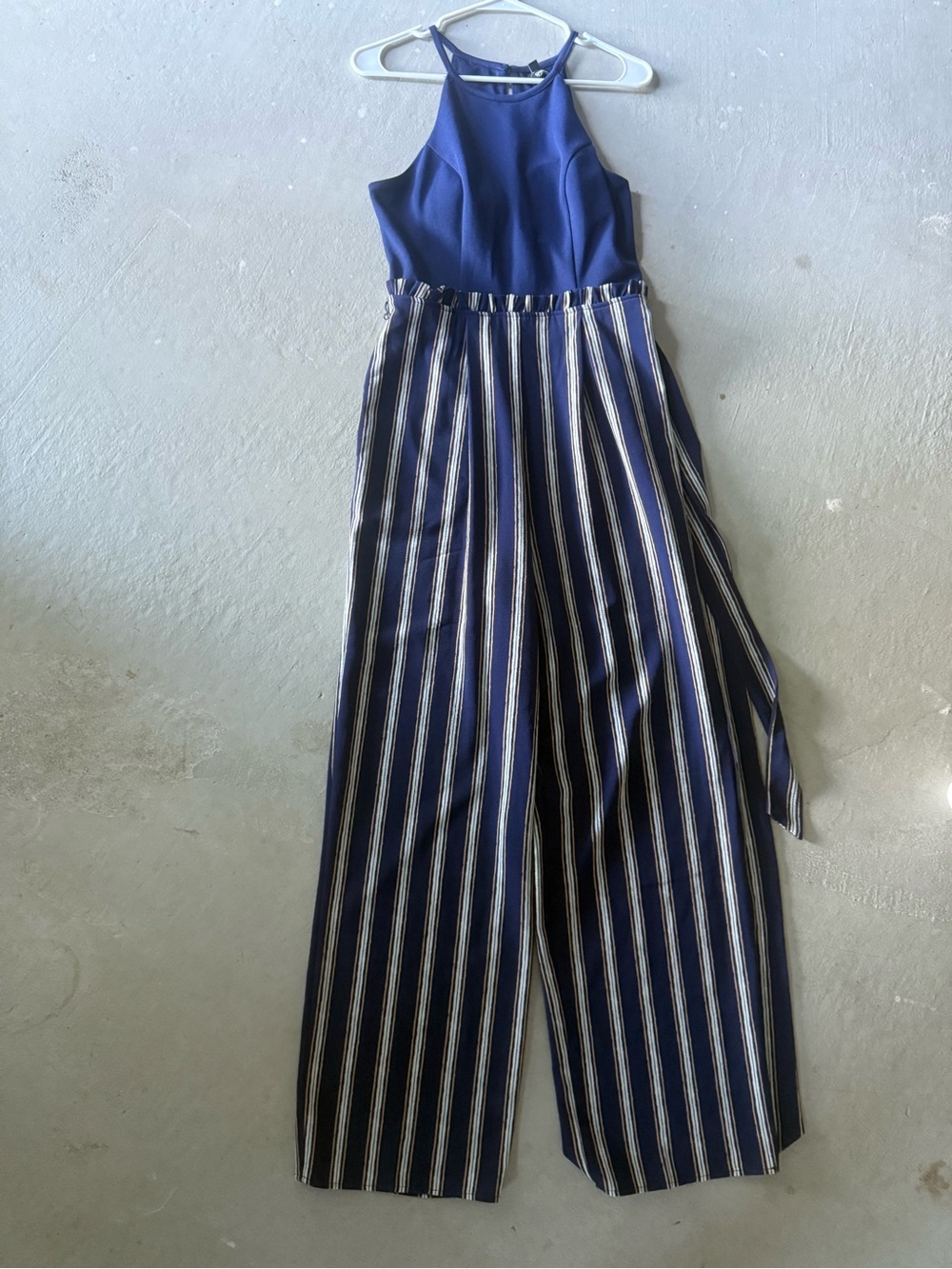 Speechless Navy Halter Jumpsuit with Striped Wide Legs
